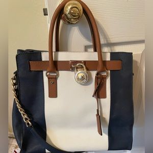 Michael Kors Hamilton leather purse. Navy, white, and tan color block
